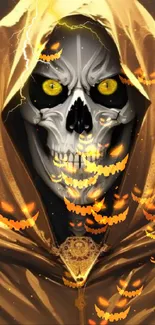 Hooded skeleton with glowing pumpkins on a dramatic gold background.