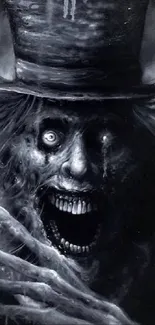 Horror-themed wallpaper featuring a haunting figure in a top hat.