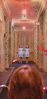 Eerie hotel hallway with ghostly twins in a spooky red atmosphere.