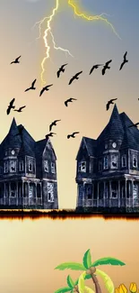 Spooky house with lightning and birds in eerie mobile wallpaper.