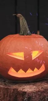 Glowing Jack-O'-Lantern on a rustic stump background.