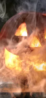 Eerie jack-o'-lantern with smoky haze background.