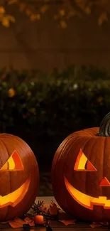 Glowing jack-o'-lanterns on Halloween night.