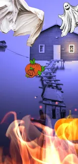 Misty lake house with pumpkins, ghosts, and fire in Halloween design.