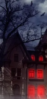 Haunted Gothic mansion with red windows under a spooky night sky.