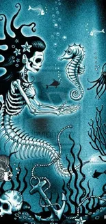 Skeleton mermaid and sea creatures in a dark underwater scene.