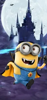 Minion in Dracula costume with castle and moon.