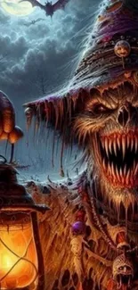 Terrifying monster holding lantern in spooky Halloween scene.