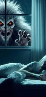 Creepy monster staring through a window at night as a man sleeps peacefully.