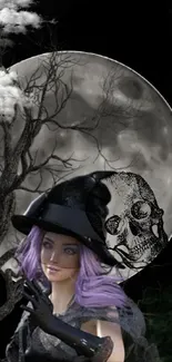 Spooky purple-haired doll with skull under a full moon.