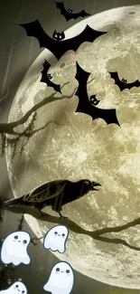 Haunting Halloween wallpaper with moon, bats, ghosts, and pumpkin.