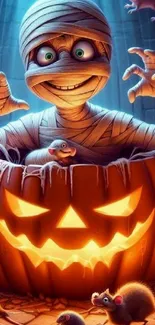 Mummy emerging from a glowing jack-o'-lantern with playful rats.