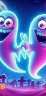 Neon ghosts in a spooky graveyard with a Halloween theme.