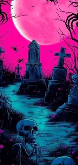 Spooky neon graveyard with skulls and pink moon.