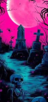 Neon graveyard with skulls and spider silhouettes.