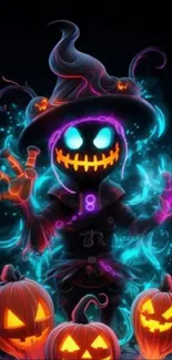 Neon scarecrow with glowing pumpkins on dark background.