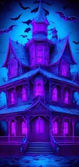 Gothic haunted house illuminated with neon purple, surrounded by bats and dark trees.