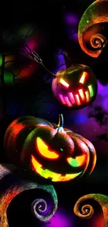 Neon pumpkins glowing on dark Halloween themed wallpaper.