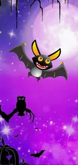 Cartoon bat flying over a purple night sky with a glowing moon.