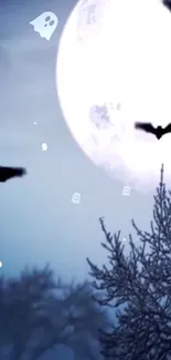 Spooky night wallpaper with bats and a full moon casting an eerie glow.