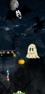 Spooky night cartoon wallpaper with ghost, bat, witch, and haunted castle.