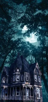 Haunted house under moonlit forest sky, perfect for mobile wallpaper.