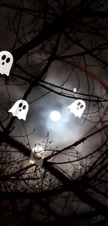 Ghosts in trees under a full moon, creating an eerie, Halloween atmosphere.