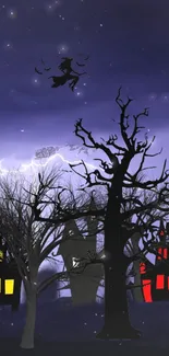 Spooky Halloween wallpaper with witch and haunted houses under a dark purple sky.