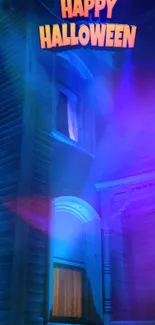 A spooky Halloween wallpaper of a ghostly house with vibrant blue and purple lighting.