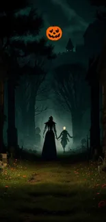 Silhouetted figures in a spooky, Halloween night scene.