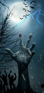 Zombie hand reaching skyward with bats and lightning in eerie night scene.