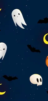 Cute ghost and pumpkin wallpaper with bats and moons on a dark blue background.