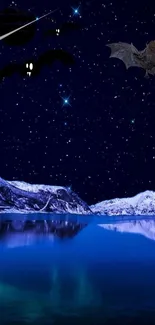 Spooky night wallpaper with bats over snowy mountains and starry sky.