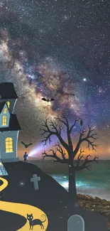 Wallpaper with haunted house and starry sky.