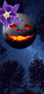 Spooky pumpkin moon with purple flower on starry night sky wallpaper.