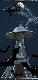 Spooky night with bats and lightning over a mysterious tower and spacecraft.