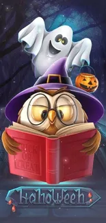 Spooky Halloween owl and ghost wallpaper with a vibrant pumpkin and book scene.