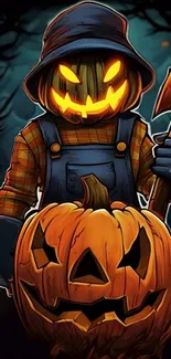 Spooky pumpkin and scarecrow wallpaper with axe in dark forest.