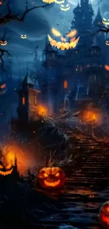 Spooky Halloween castle with glowing pumpkins on a dark night.