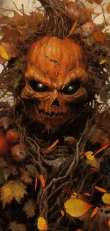 Spooky pumpkin-headed creature with autumnal backdrop.