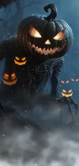 Creepy pumpkin creature in foggy woods.