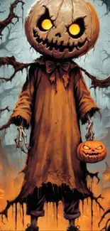 Spooky pumpkin-headed figure in forest with glowing eyes, Halloween art wallpaper.