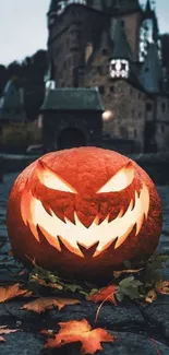 Carved pumpkin with a glowing face in a spooky Halloween scene.