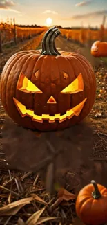 Glowing jack-o'-lantern in an autumn field at sunset.