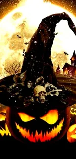 Eerie Halloween wallpaper with glowing pumpkin and full moon.