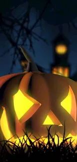 Glowing pumpkin with spooky Halloween backdrop.