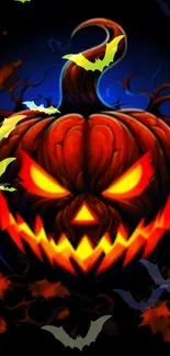 Spooky glowing jack-o'-lantern with bats and autumn leaves, Halloween mobile wallpaper.