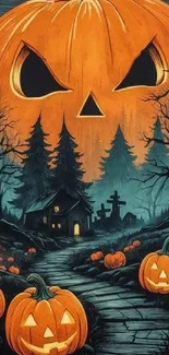 Spooky wallpaper with giant pumpkin and haunted house for Halloween.