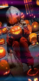 Halloween character surrounded by lit pumpkins on steps.