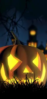 Glowing jack-o'-lantern with a haunted house in the background.